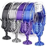 AMOLEN PLA 3D Printer Filament, Silk Filament 1.75mmBundle, Black, Purple, Silver Grey, Sapphire Blue, 200gX 4 Spools