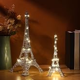 DoubleFill 2 Pcs Metal Eiffel Tower Model 10 &amp; 15 Inch with Lights,Silver | Eiffel Tower Model Figurine, Paris Themed Decor, for Cake Topper Table Centerpiece Party French Decoration