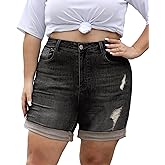 LALAGEN Women Plus Size Jean Shorts Stretchy High Waisted Distressed Ripped Denim Shorts Trendy Summer Casual Jorts