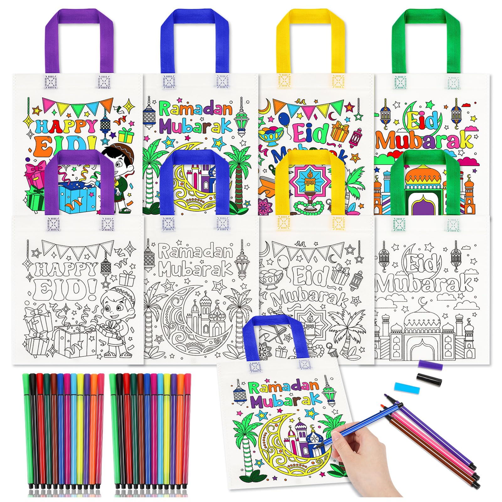 HOWAF 12 Colour Your Own Eid Mubarak Gift Bags, DIY Graffiti Ramadan Mubarak Bags, Non-Woven Party Bag Tote Bag, Ramadan Crafts for Kids Coloring Eid Decorations