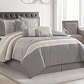 LANCO MODERN LIFESTYLE Grey King Comforter Set, Damask Jacquard with Matching Solid Piece Work, 7 Piece Soft Bedding Set for All Season, Bed Skirt, Pillow Shams and Decorative Pillows