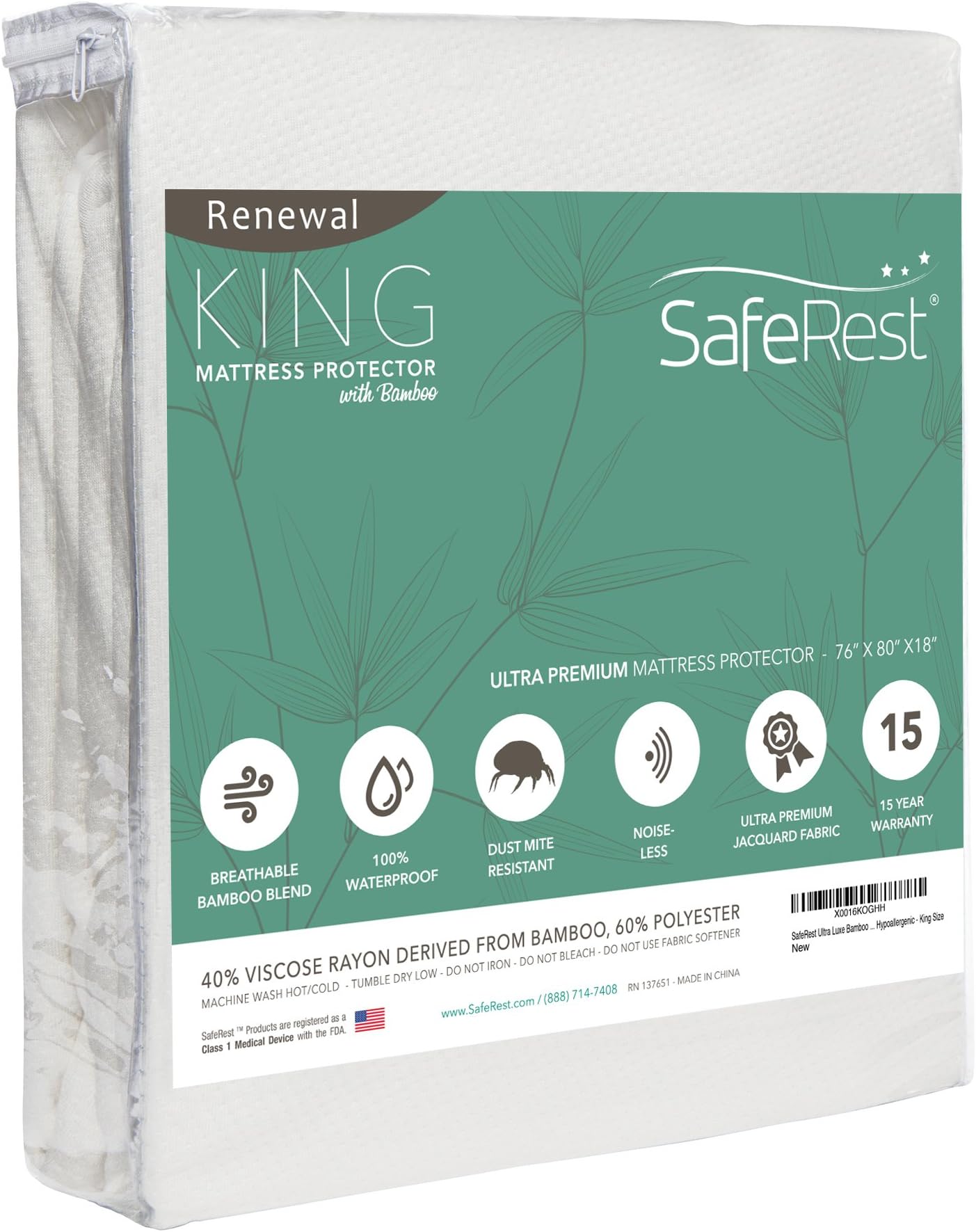 SafeRestRenewal Derived Viscose Rayon Mattress Pad Protector Cover – Waterproof, Breathable and Vinyl Free - King Size