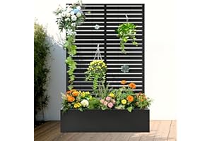 FENCY Metal Raised Garden Bed with Trellis, Metal Planter Box with Trellis, Garden Box for Climbing Plants Vegetable, 47" Lx16 Wx71 H Garden Bed with Drainage Holes(Black-Louvered)