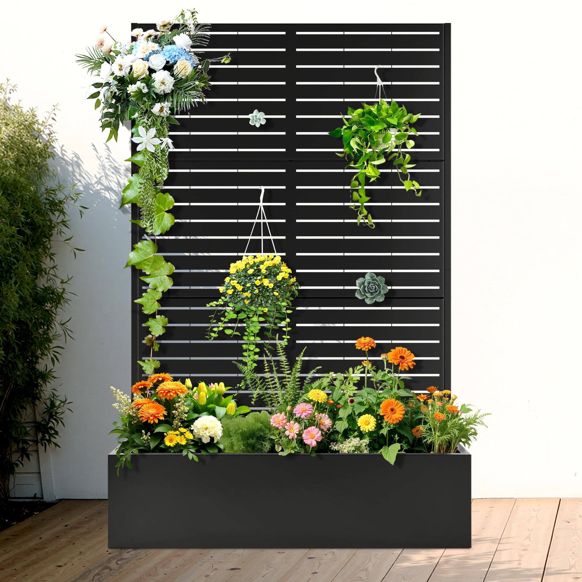 Photo 1 of FENCY Metal Raised Garden Bed with Trellis, Metal Planter Box with Trellis, Garden Box for Climbing Plants Vegetable, 47" Lx16 Wx71 H Garden Bed with Drainage Holes(Black-Louvered)