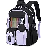 Backpack for School, Kids Backpacks for Girls, Girls Cute Bookbag for Teens, Schoolbag for Elementary Middle School Students, Girl Backpacks Ages 6-8, With Coin Purse, Travel, Camp,Black Purple
