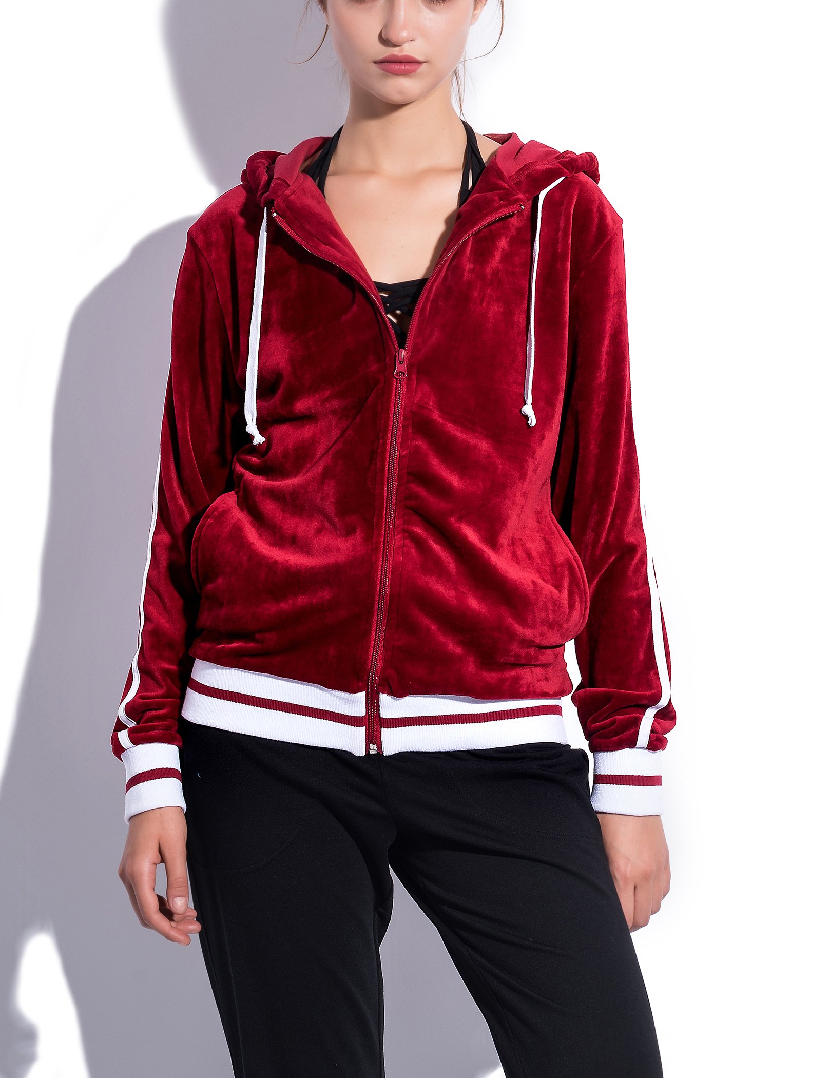 SPECIAL MAGIC Women\'s Ultra Soft Striped Velvet Zip Up Jacket Hoodie With Pockets Wine Red M
