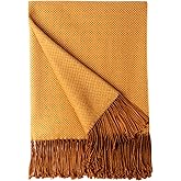 BOURINA Herringbone Two Tone Throw Blanket Faux Cashmere Fringe Soft Lightweight Cozy for Bed Couch Decorative Throws Blanket,Gold, 50" x 60"