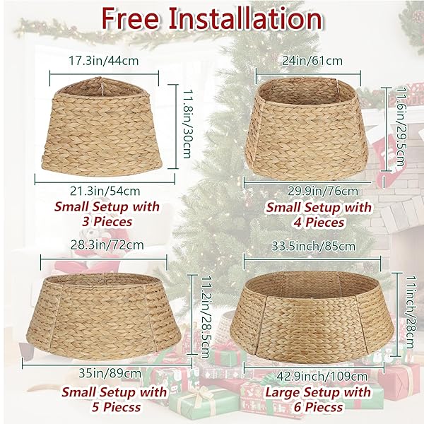 CHRISTMAS TREE COLLAR, EXTRA LARGE ROUND TREE COLLAR HYACINTH HANDWOVEN 42IN, CHRISTMAS TREE RING RATTAN WICKER RUSTIC CORD CUT OUT METAL FRAME DECORATION TO COVER ARTIFICIAL TREE (NATURAL)
