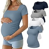 Huukeay 4 Pack Women's Maternity Shirts Cotton Ribbed Short Sleeve Square Neck Pregnancy Tops Side Ruched Summer Tee