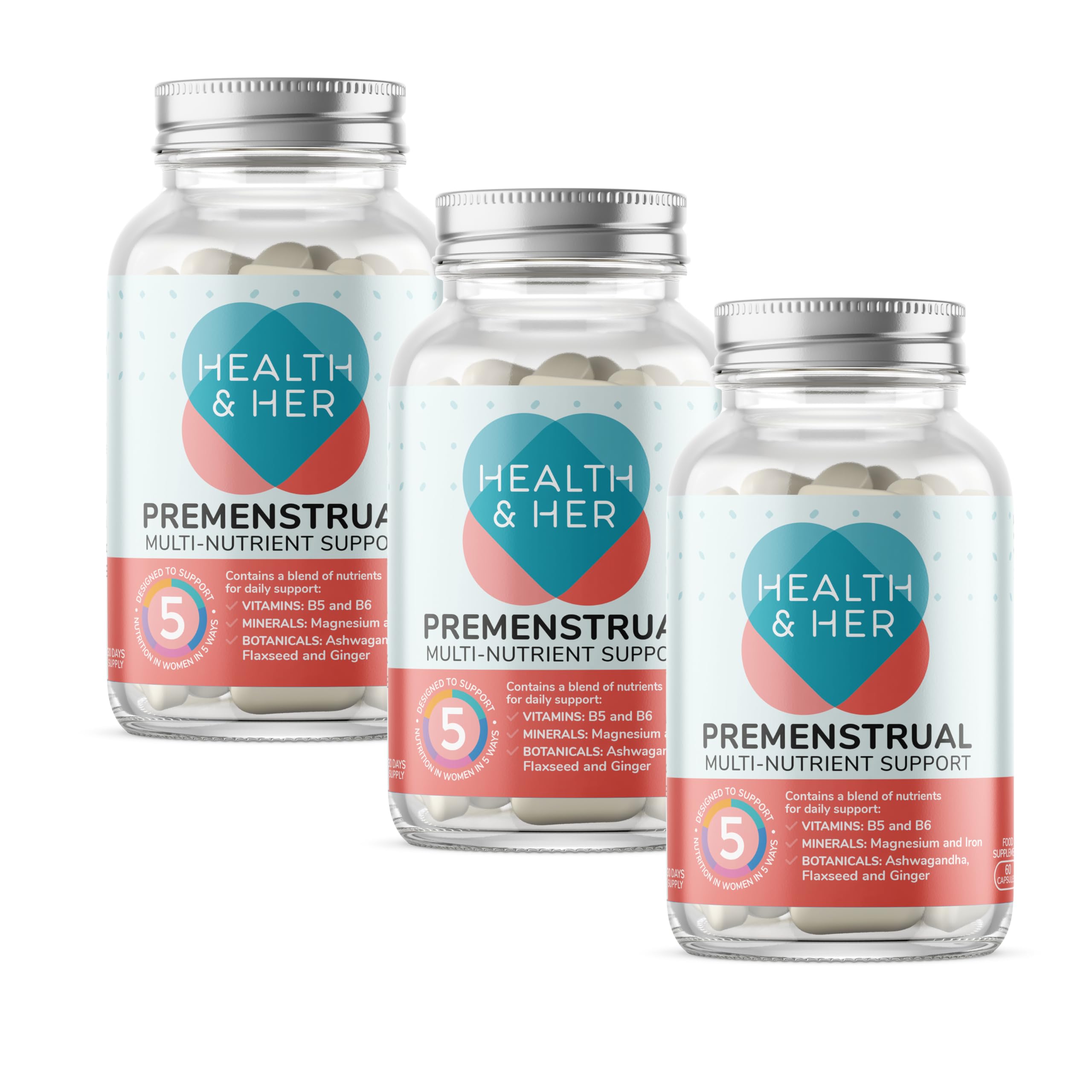 Health & Her Premenstrual Supplements for Women - with Ashwagandha, Flaxseed and Ginger Root - 3 Month Supply, 180 Capsules - Vegan & Gluten Free