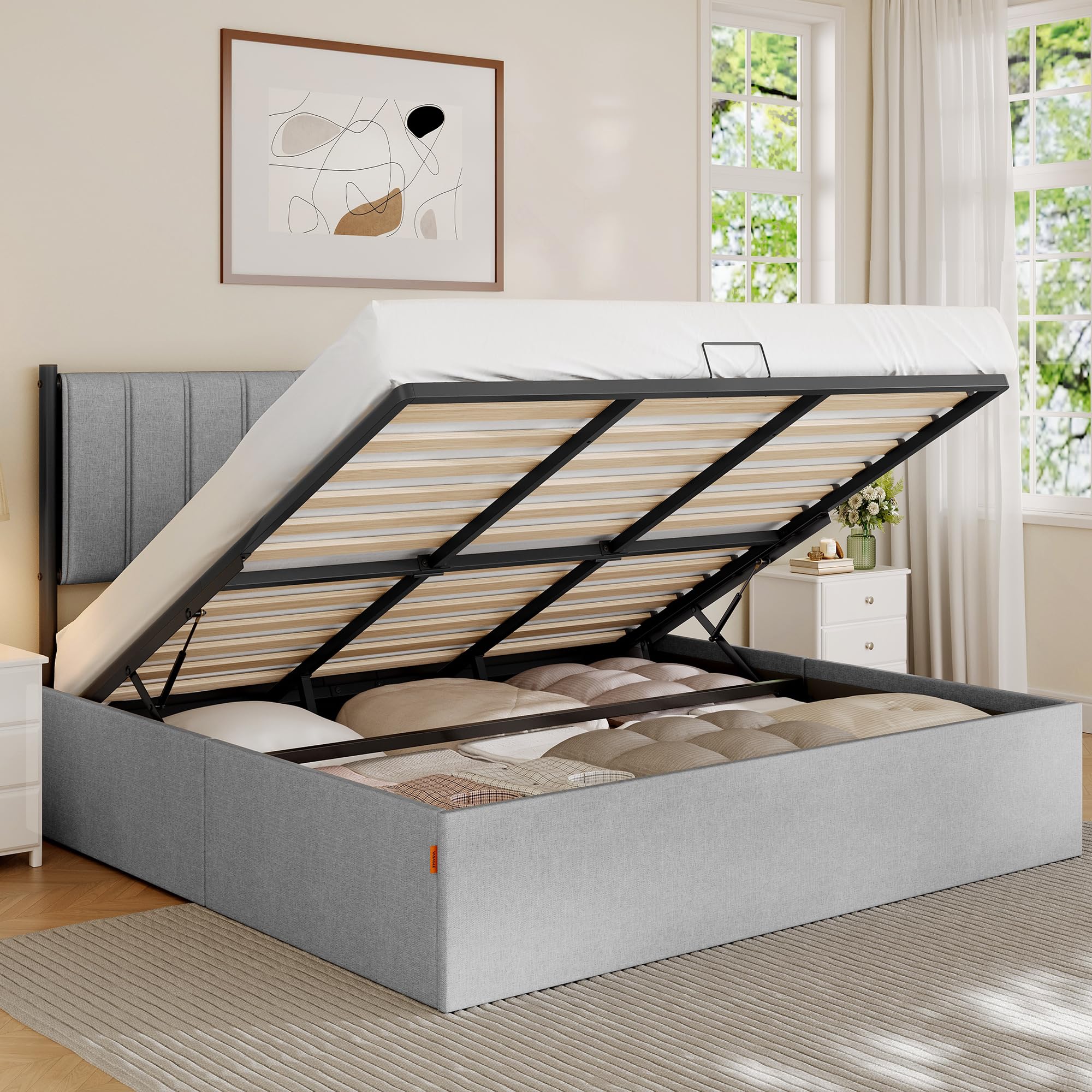 Photo 1 of ***TRUCK/TRAILER PICKUP ONLY***VASAGLE Lift Up Storage Bed Frame King Size, Hydraulic Platform Bed, with Upholstered Headboard, 1100 lb Weight Capacity, No Box Spring Needed, Easy Assembly, Modern, Dove Gray URMB604G01V1