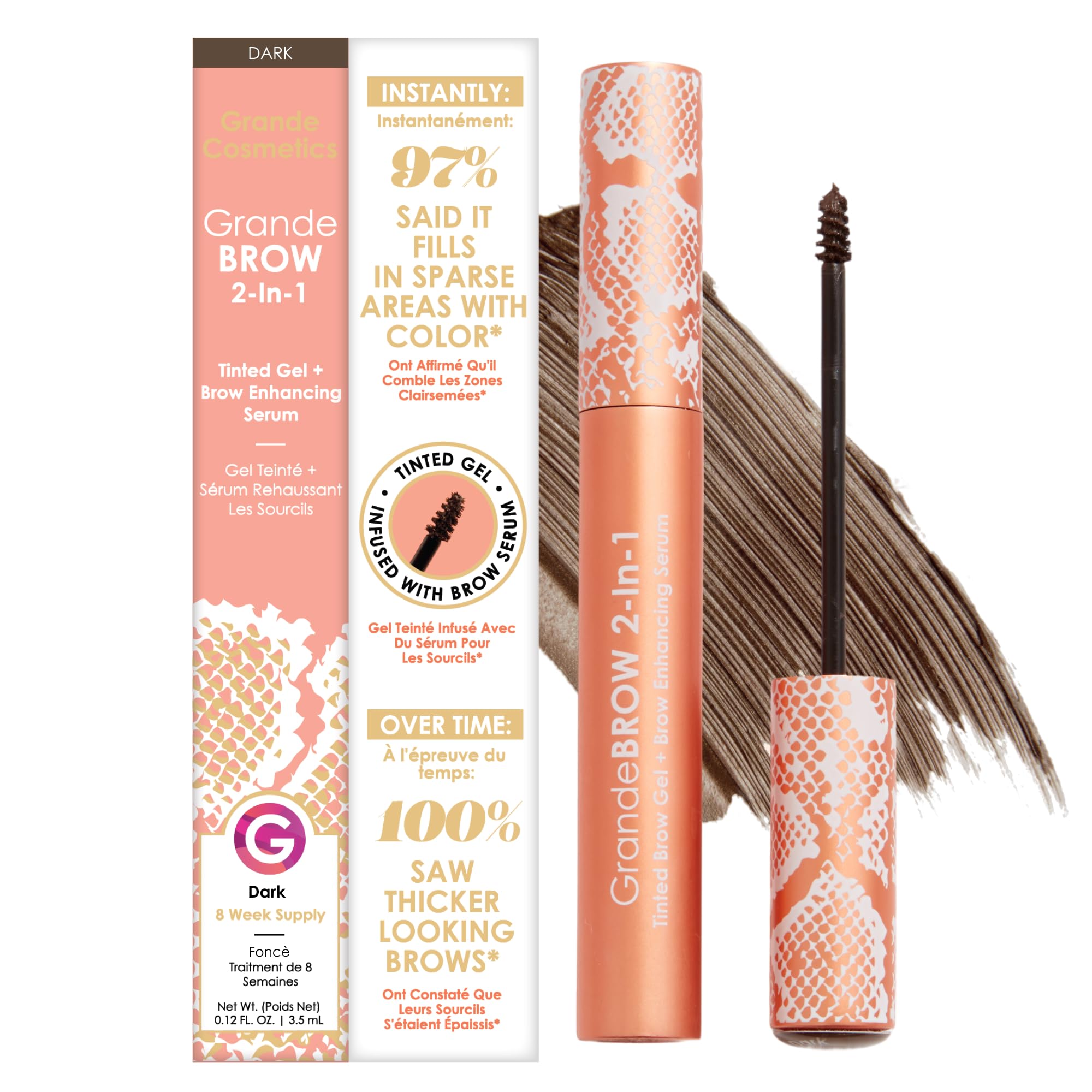 Photo 1 of Grande Cosmetics GrandeBROW 2-in-1 Tinted Brow Gel + Brow Enhancing Serum for Thicker & Darker-Looking Eyebrows, Shape & Fill Brows, with Castor Oil & Mini Fibers - Dark, Full Size (0.12 fl oz)