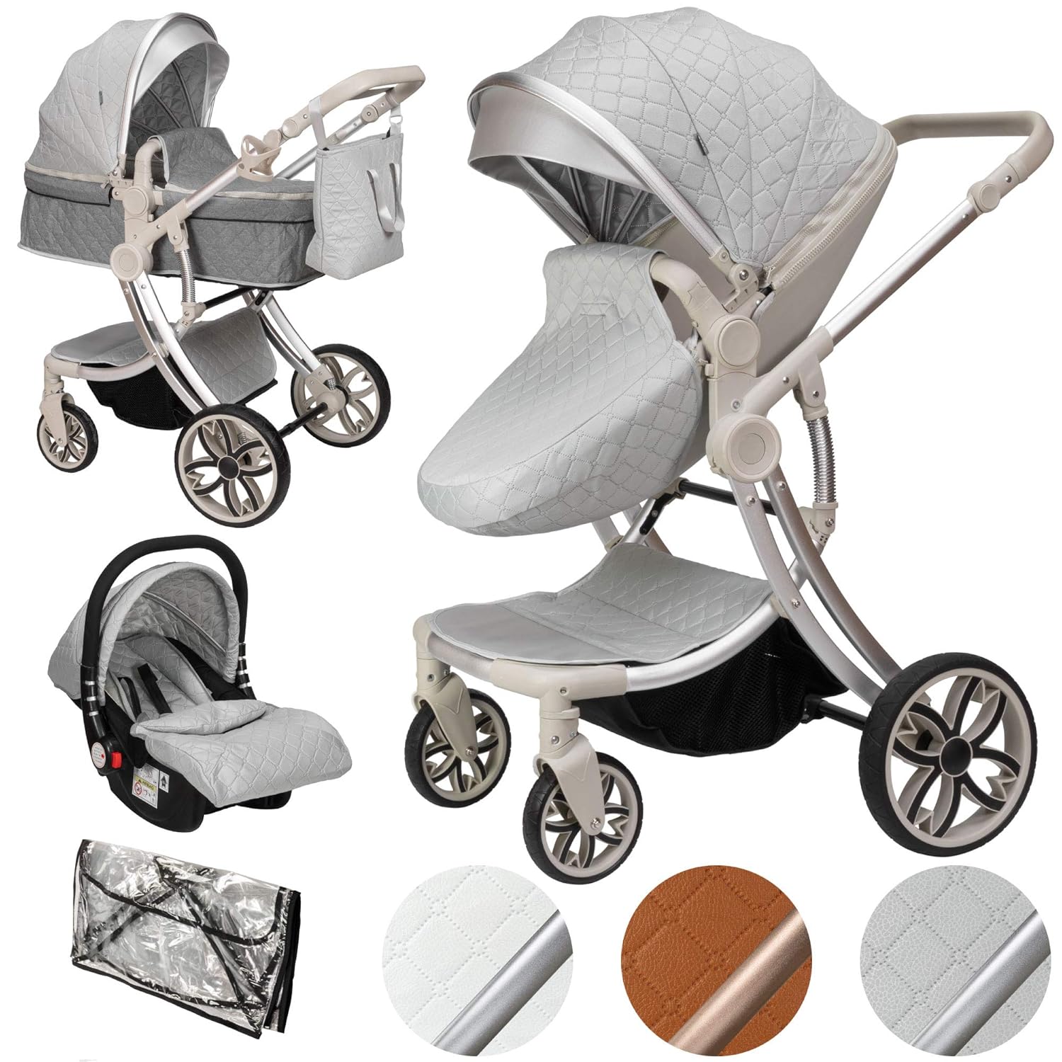 ib style® 3 in 1 JUMA Kombikinderwagen| Kinderwagen + Buggy | inkl. Autoschale | inkl. Regenschutz | Klappbar | GRAU