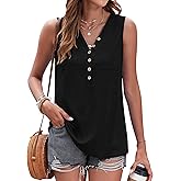 WNEEDU Summer Tank Tops for Women V Neck Tunic Tops Sleeveless Loose Fit T-Shirt with Pocket