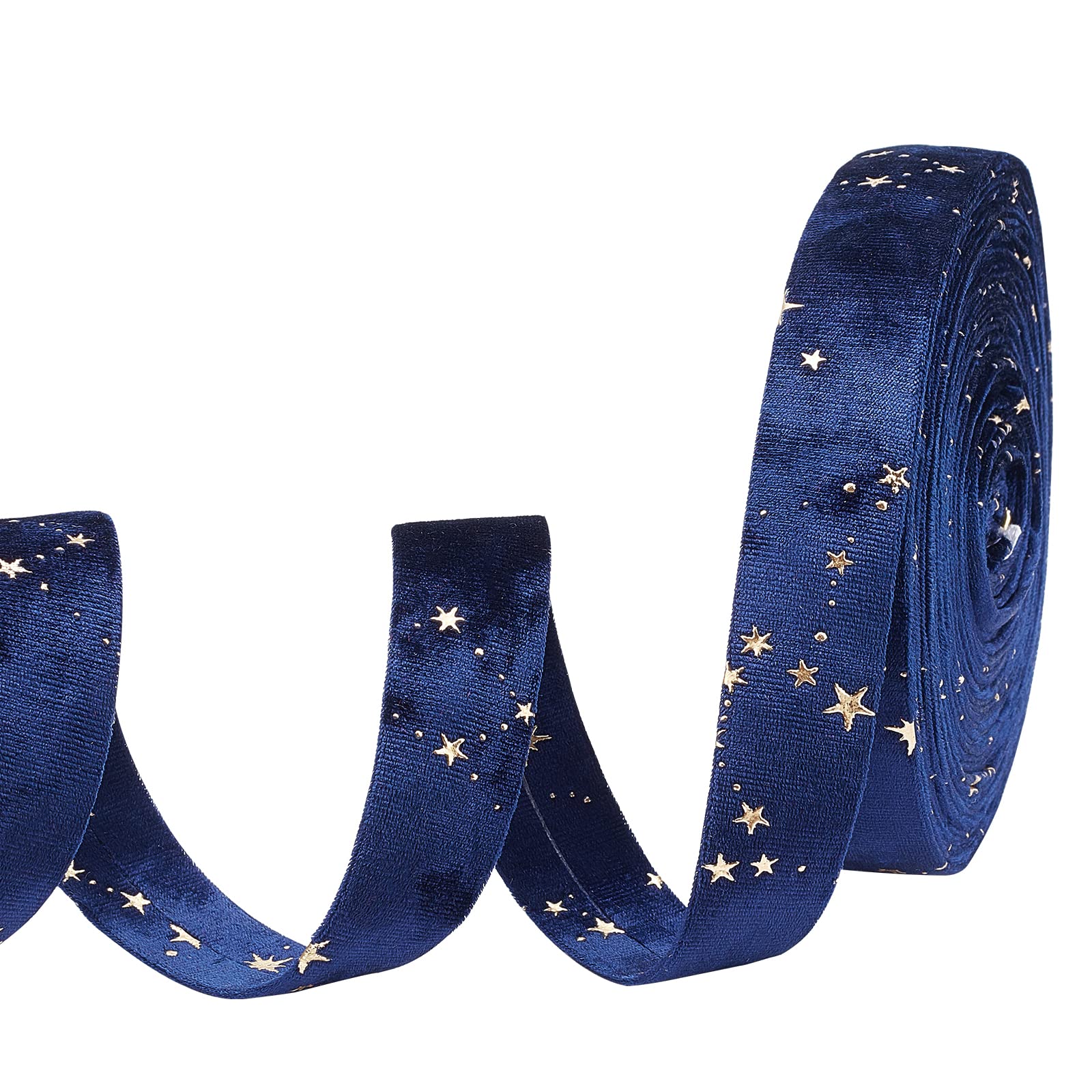 NBEADS 10m Christmas Velvet Ribbon, 25mm Wide Midnight Blue Double Face Satin Ribbon Polyester Velvet Ribbon with Gold Star Pattern for Wedding Gift Wrapping Hair Bows Home Christmas Decoration
