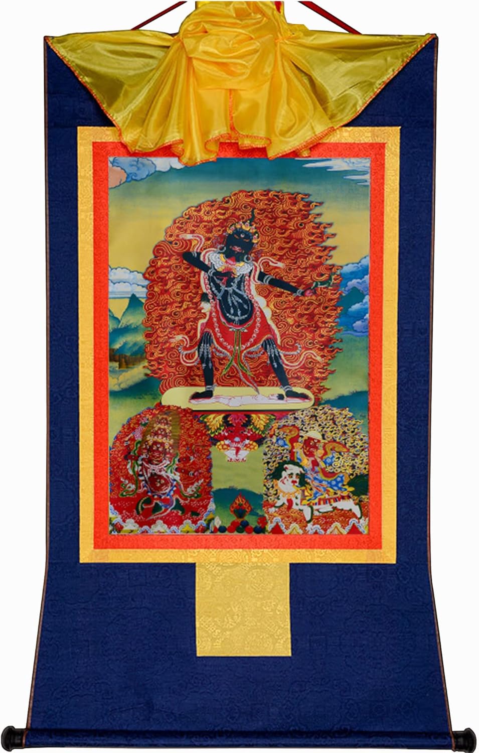 Paintings - Gandhanra Three Dharmapalas of The Gelugpa,Palden Lhamo,Mahakala,Yamantaka, Tibetan Thangka Painting Art,Buddhist Thangka Brocade,Buddha Tapestry with Scroll