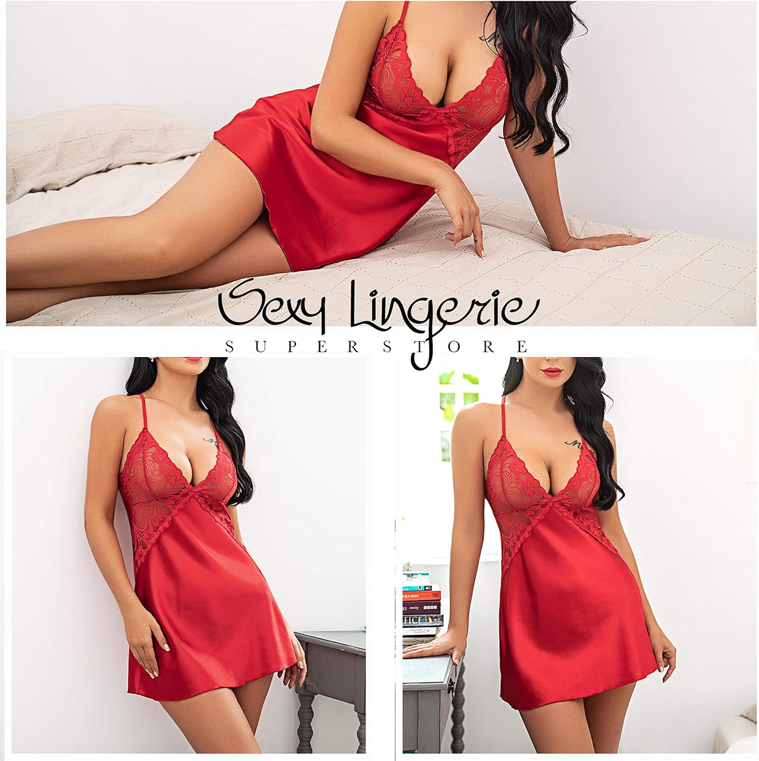 Avidlove Women Lingerie V Neck Nightwear Satin Sleepwear Lace Chemise Mini Teddy: Clothing