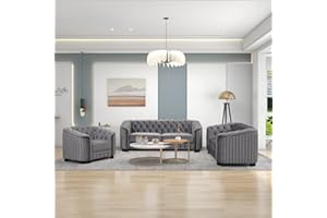 FANYE Pieces Cushions Sectional Include 3 Seater, Loveseat and Chair,Luxury Style Velvet Upholstered Button Tufted Accent Sofa & Couch for Home Office Apartment Living Room Furniture Sets, Gray
