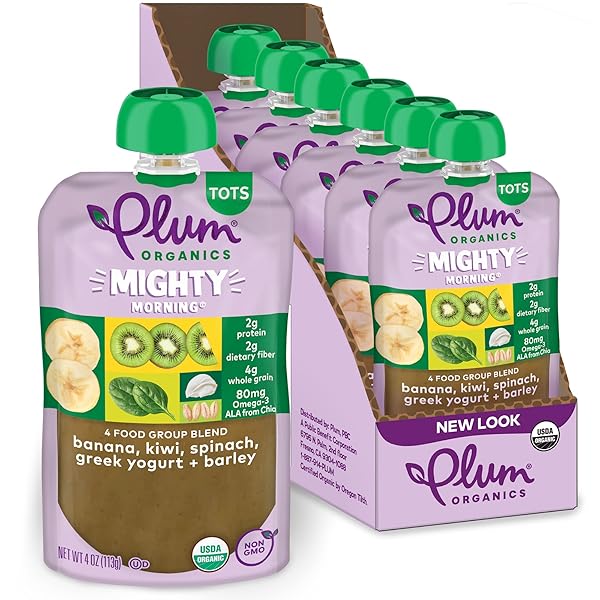 PLUM ORGANICS MIGHTY MORNING ORGANIC TODDLER FOOD – BANANA, KIWI, SPINACH, GREEK YOGURT, AND BARLEY – 4 OZ POUCH (PACK OF 6) – ORGANIC FRUIT AND VEGETABLE TODDLER FOOD POUCH