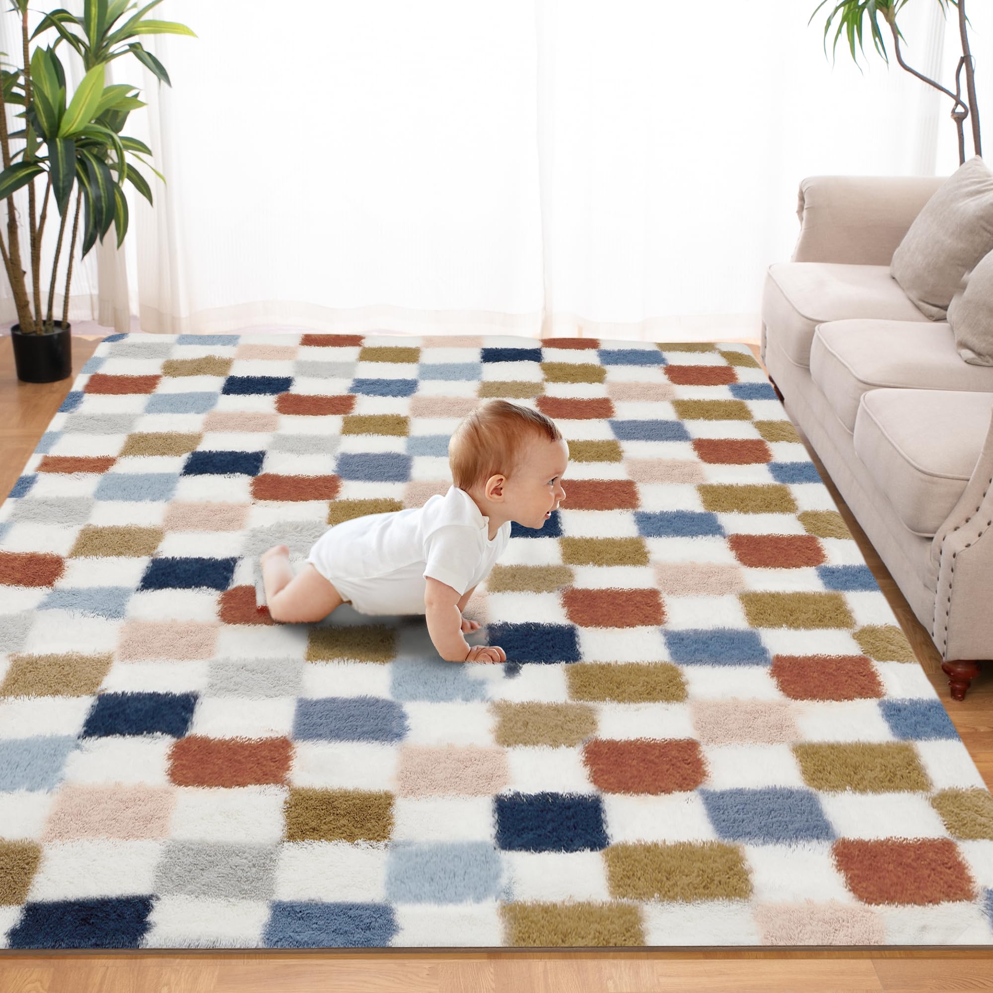 Photo 1 of Super Soft Rug for Bedroom, 5x7 Ft Rainbow Area Rug Classic Checkered Shaggy Rug Anti-Skid High Pile Soft Fluffy Fuzzy Carpet for Living Room Bedroom Kids Room Nursery, Dorm Home Décor