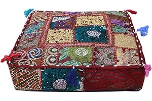 CRAFT KALA Indian Square Patchwork Traditional Pouf Cover Indian Living Room Poufs Decorative Embroidered Designer Ottoman Home Living Footstool Chair Cover Decor Pillow Cover 22x22x5 inches, Dark Red