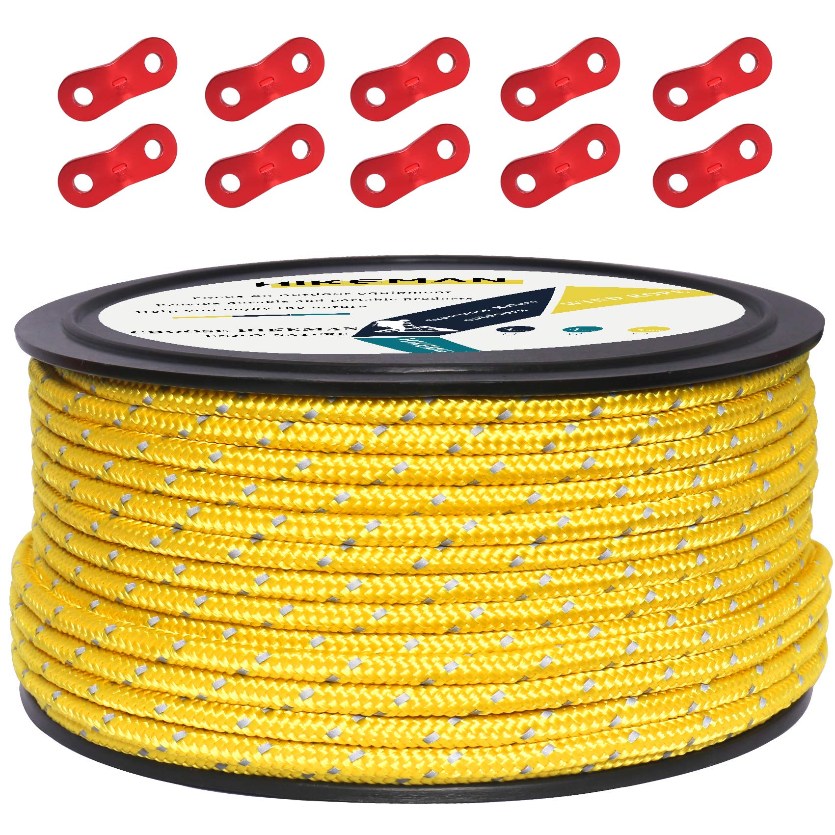 50M Reflective Cord Guy Ropes Outdoor Tent Guide Rope 100% Nylon Cord Wind Line with 10Pcs Aluminum alloy tensioners for Camping (yellow, Diameter 5 mm)