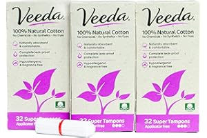 Veeda 100% Natural Cotton Applicator Free Super Tampons, Chlorine and Toxin Free, Unscented, 3 Packs of 32 Count Each