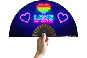 PandaTak Gay Pride Folding Hand Fans, Funny Large 13" Bamboo Fan with UV Reactive Ink, for LGBTQ Circuit Parties EDM Festivals and Raves (Love Is Love)
