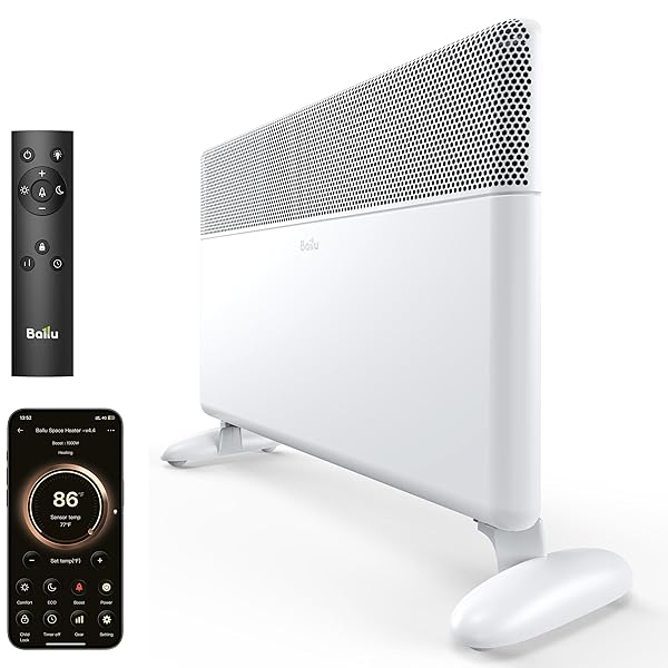 BALLU CONVECTION PANEL SPACE HEATER FOR LARGE ROOM,1500W ELECTRIC HEATER WITH PROGRAMMABLE THERMOSTAT,WIFI APP CONTROL,STANDING OR WALL MOUNT,SMART QUIET HEATER FOR INDOOR USE,WORKS WITH ALEXA,WHITE