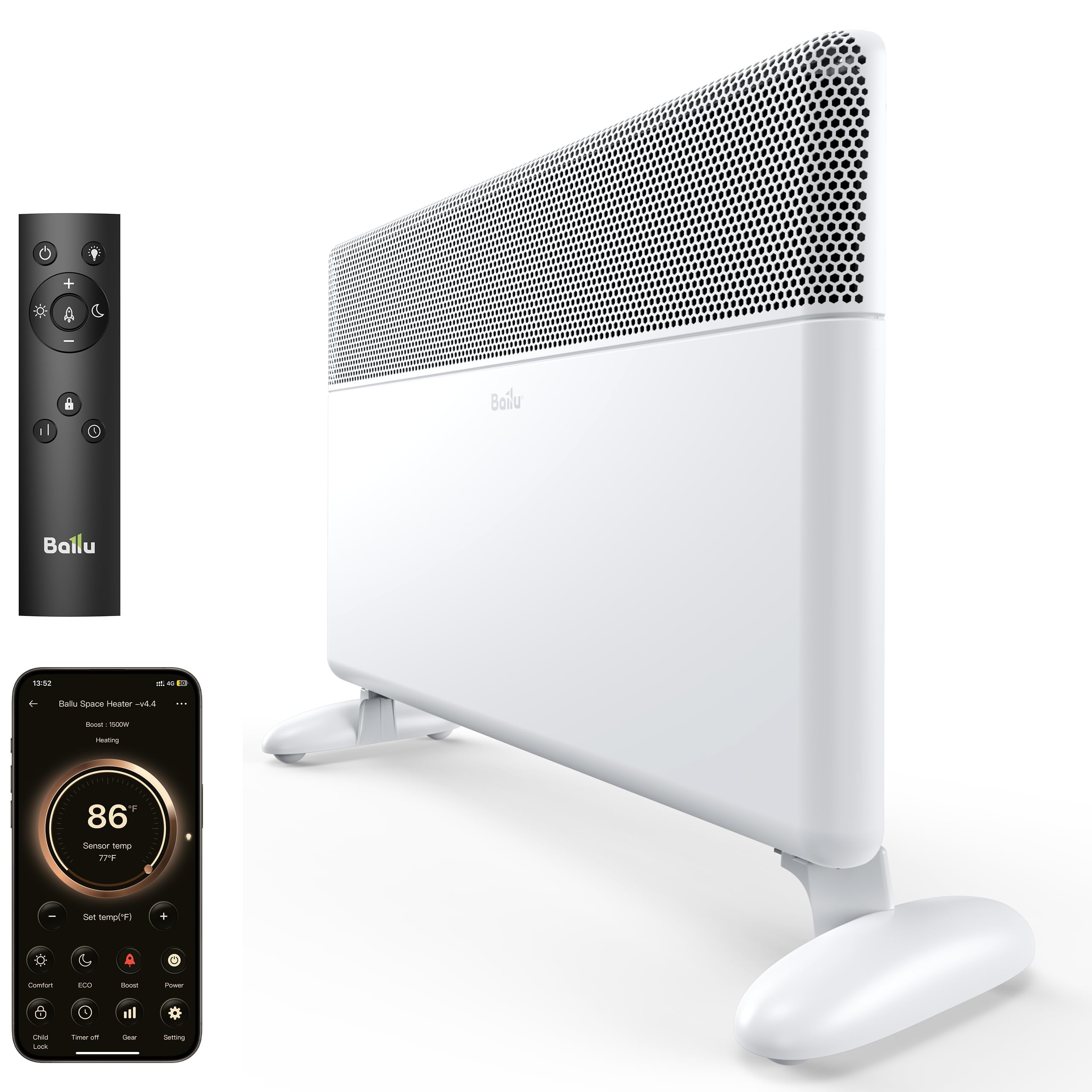 Photo 1 of *** WITHOUT SUPPORT BASE*** Ballu Convection Panel Space Heater for Large Room,1500W Electric Heater with Programmable Thermostat,WiFi App Control,Standing or Wall Mount,Smart Quiet Heater for Indoor Use,Works with Alexa,White