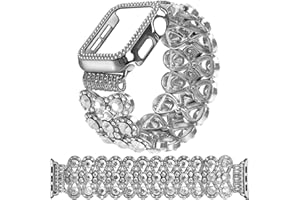 VIQIV Bling Dressy Bracelet with Case Compatible with Apple Watch Bands 38mm 40mm 41mm 42mm 44mm 45mm 49mm for Women Strethy, Stretch Smart Watch Bands for Women, Cute Jewelry Metal Wristband Strap for iWatch Ultra 2/Ultra Series 9/8/7/6/5/4/3/2/1/SE
