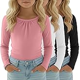 LessonZoo 3 Pack Girls Long Sleeve Shirts Basic Casual Tops Loose Fit Kids Crewneck Solid Soft Layering Shirts