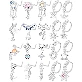 Tornito 20Pcs 20G Dangle Nose Rings Studs for Women L Shaped Dangling Nose Stud Hoop Butterfly Heart Moon Arrow Flower Star Bowtie CZ Dangling Nostril Body Piercing Jewelry with Charm Silver Gold Tone