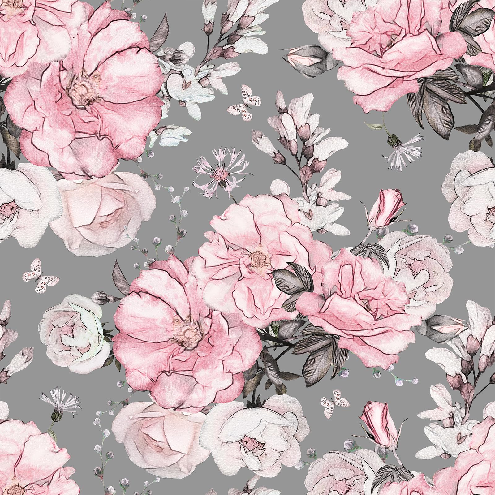 VEELIKE Grey Pink Floral Peel and Stick Wallpaper for Bedroom Girls Room Nursery 44.5 cm x 300 cm Vintage Rose Botanical Pink Flower Wall Paper Roll Living Room Art Deco Wall Mural Removable