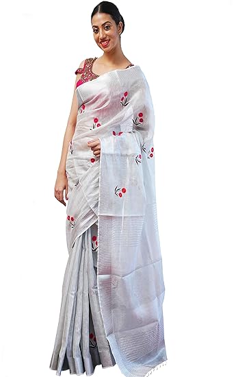 Womens Linen Saree With Blouse Piece (SilverTissueLinenPotFlowerSaree_Silver)