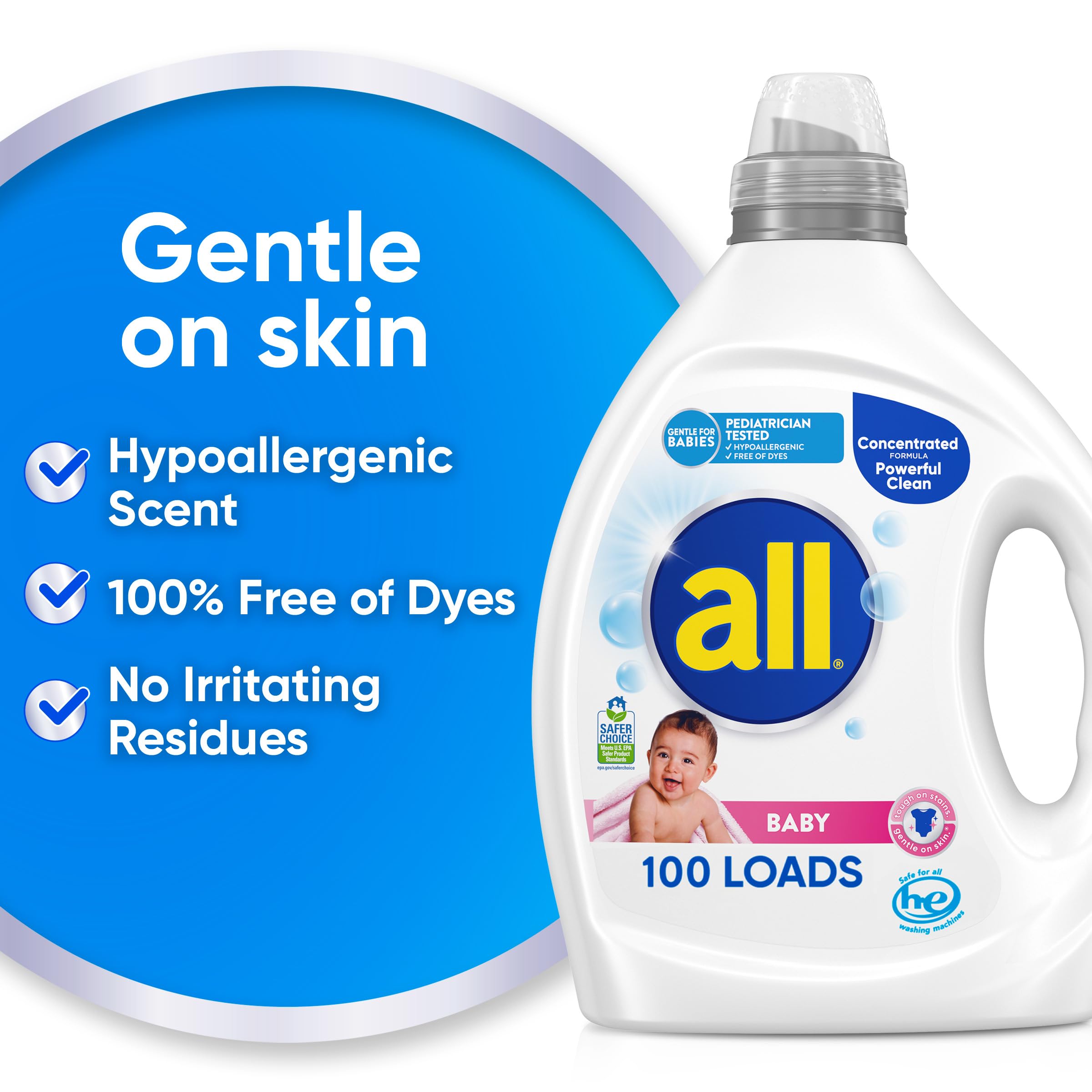 all Baby, Gentle for Baby, Liquid Laundry Detergent, Hypoallergenic for Sensitive Skin, Concentrated, 75oz, 100 Loads