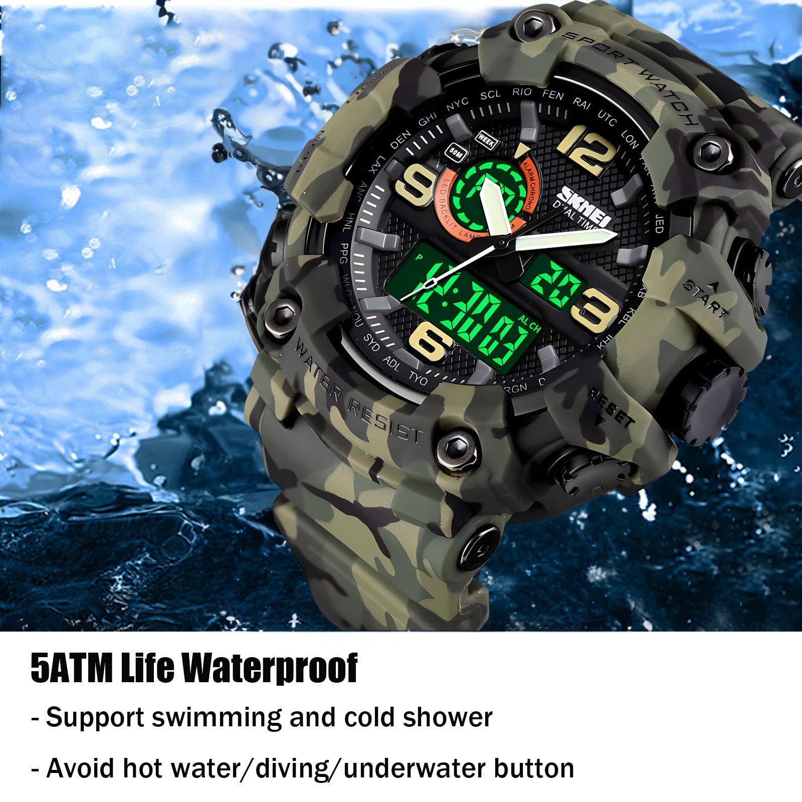 Gosasa Men's Large Face Outdoor Sports Watches Military S-Shock Watch Waterproof, Backlight, Alarm, Stopwatch Features - Rugged Wristwatch for Training, Hiking, and Adventure