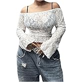 Floerns Women's Plus Size Off Shoulder Bell Long Sleeve Ruched Sheer Lace Tee Shirts Crop Tops
