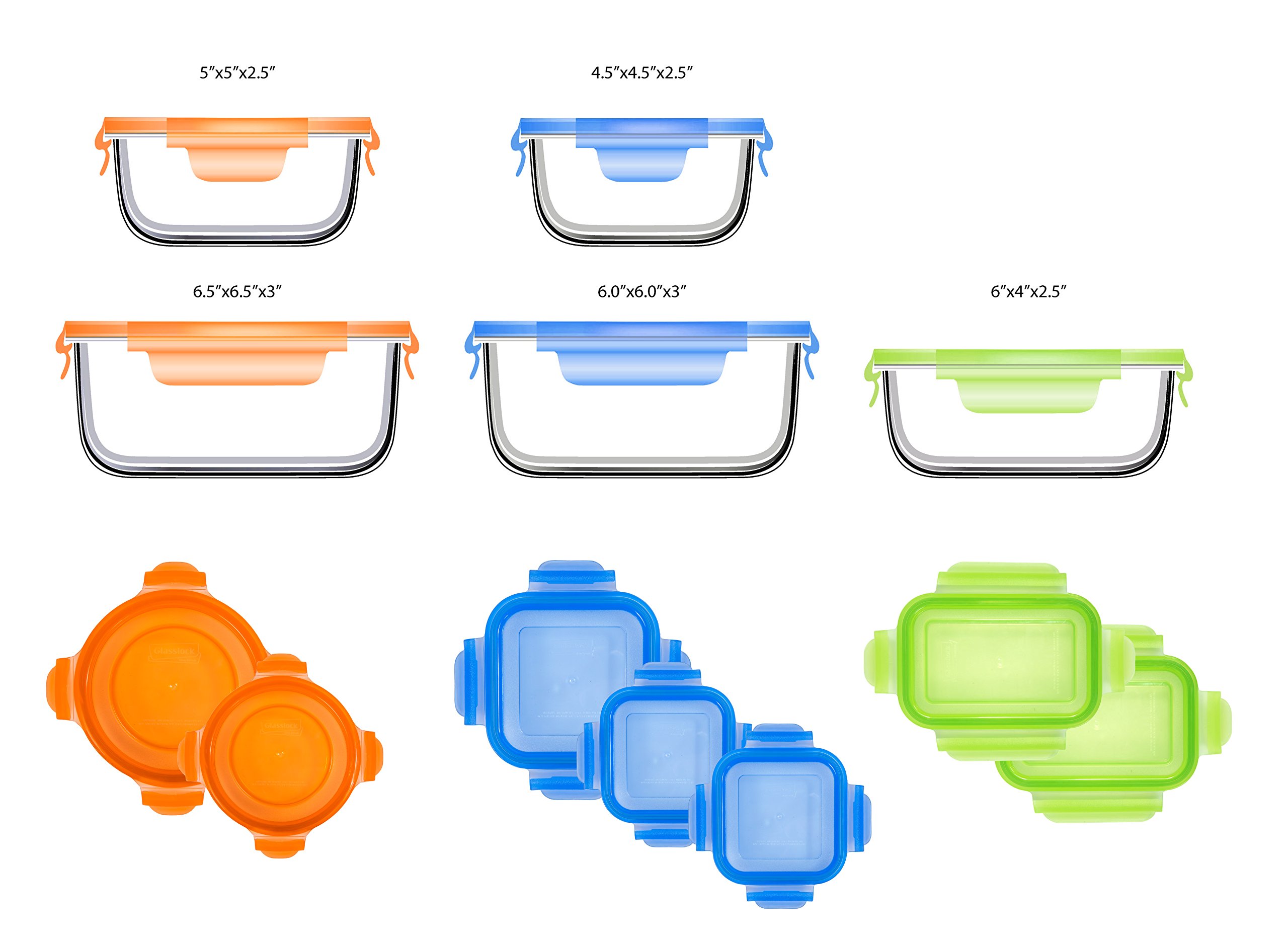 Glasslock 14pc Set Assorted Color Lids Airtight Spill Proof Food