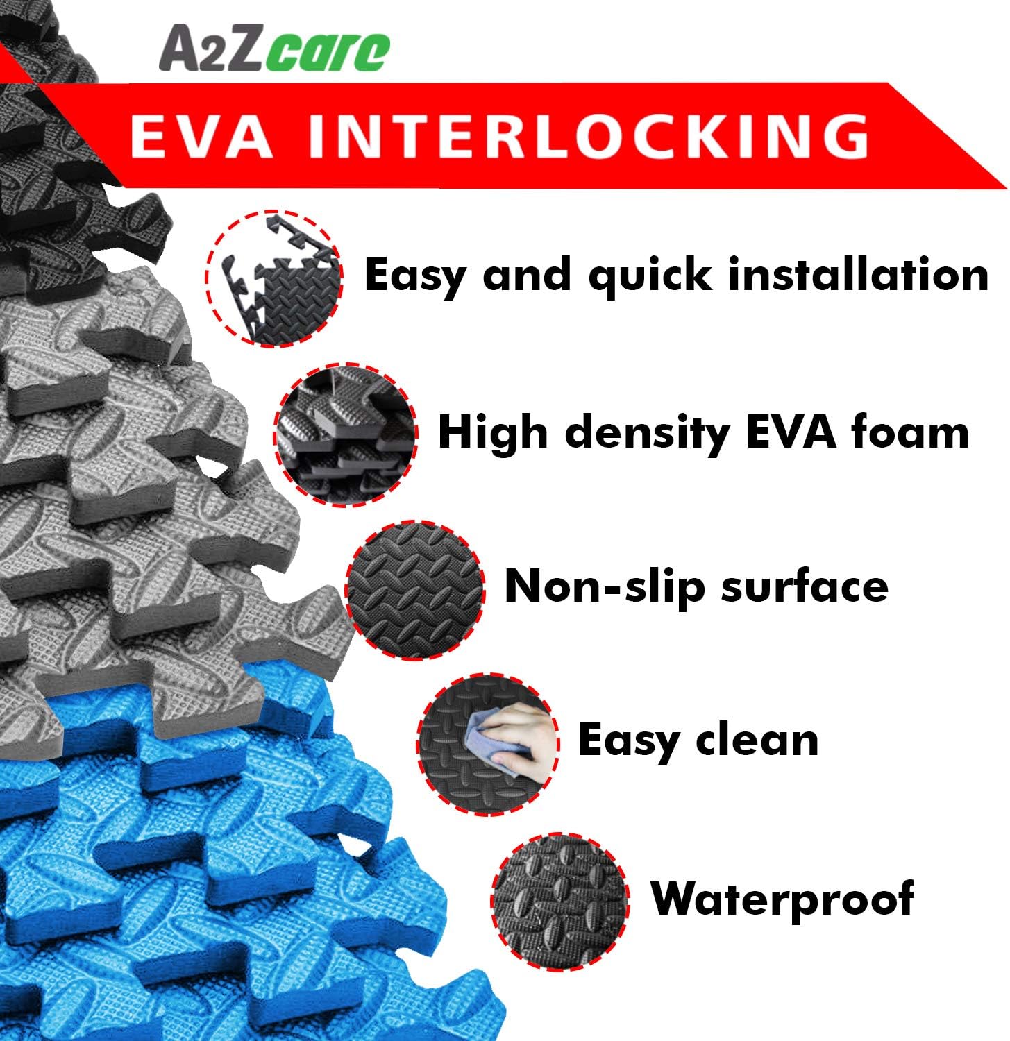 A2ZCare Puzzle Exercise Mat with EVA Foam Interlocking Tiles (Protective Flooring) - 3 YEAR Limited Warranty with 60 day - Perfect for Home Gym, Aerobic, Yoga & Pilates (Black-12pcs with Border Tiles) : Sports & Outdoors