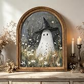 DAZONGE Halloween Wood Framed Arch Sign, Spooky Ghost Witch Halloween Decor | Moody Ghost in Wildflowers Halloween Decorations Indoor, Vintage Tabletop Shelf Autumn Decor