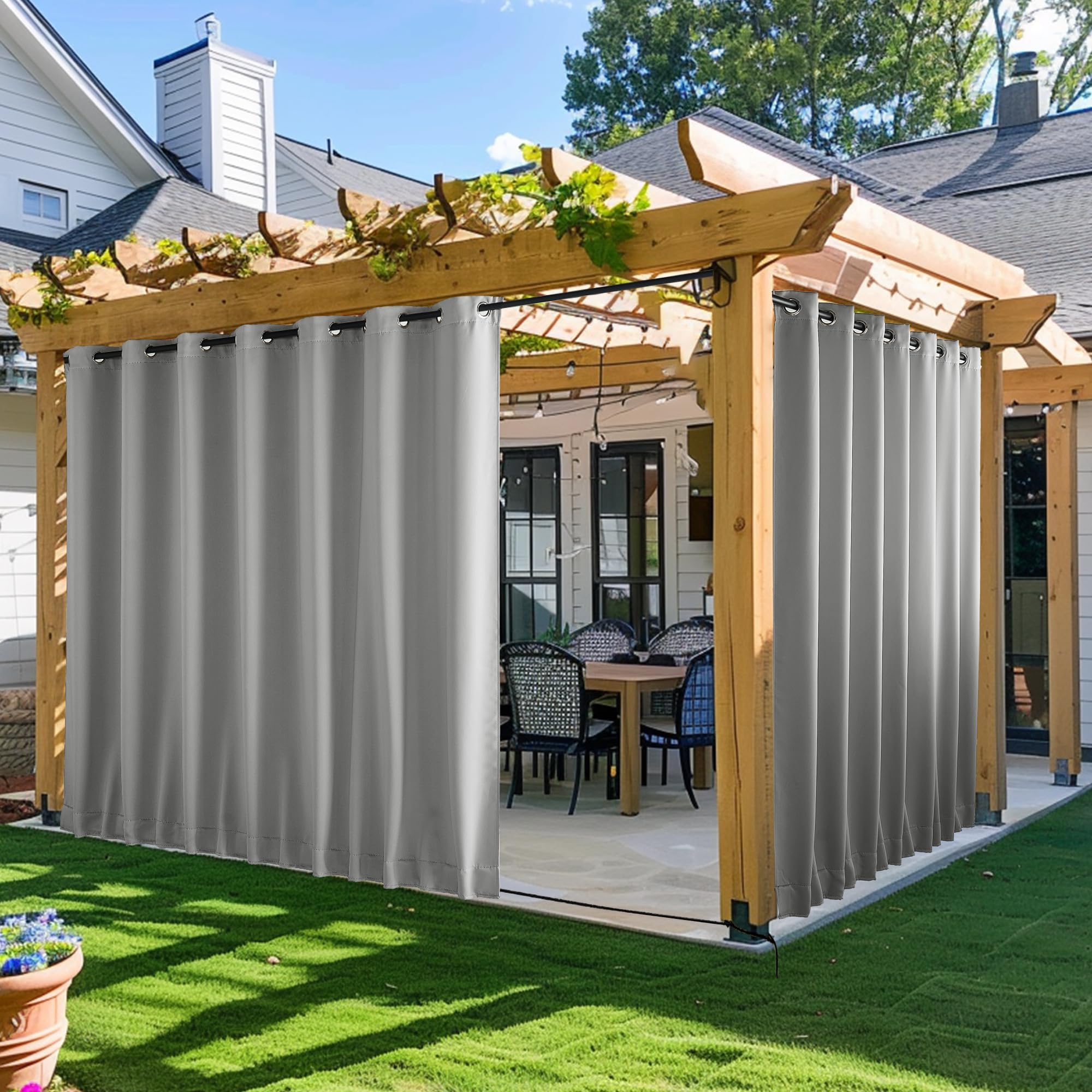 NICETOWN Outdoor Curtains for Patio Waterproof 2 Panels, W100 x L95 Windproof Grommet & Back Tab on Top & Bottom Thermal Insulated Sun Blocking Drapes with Rope for Deck, Silver Grey Image