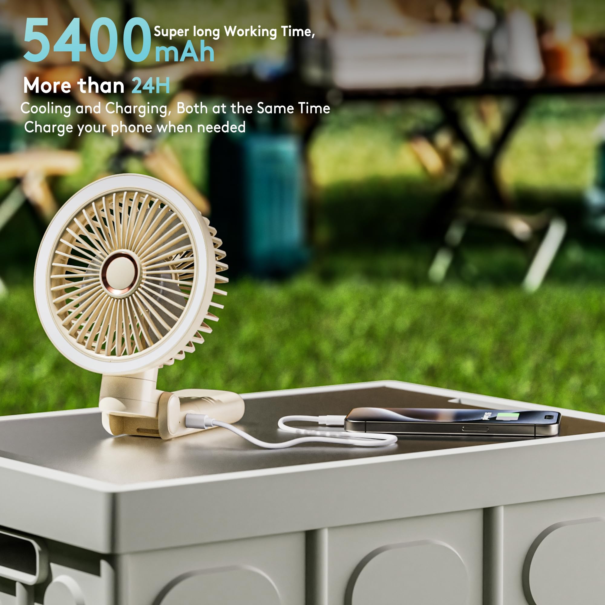 Personal Fan, 4-Speed Oscillating and 360°Rotating with LED Light, 4-in-1 Handheld/Desk/Clip-On/ Wall-Mounted Portable Fan, 5400mAh Rechargeable, Ideal for Travel/Camping/Stroller (11inch, Beige)