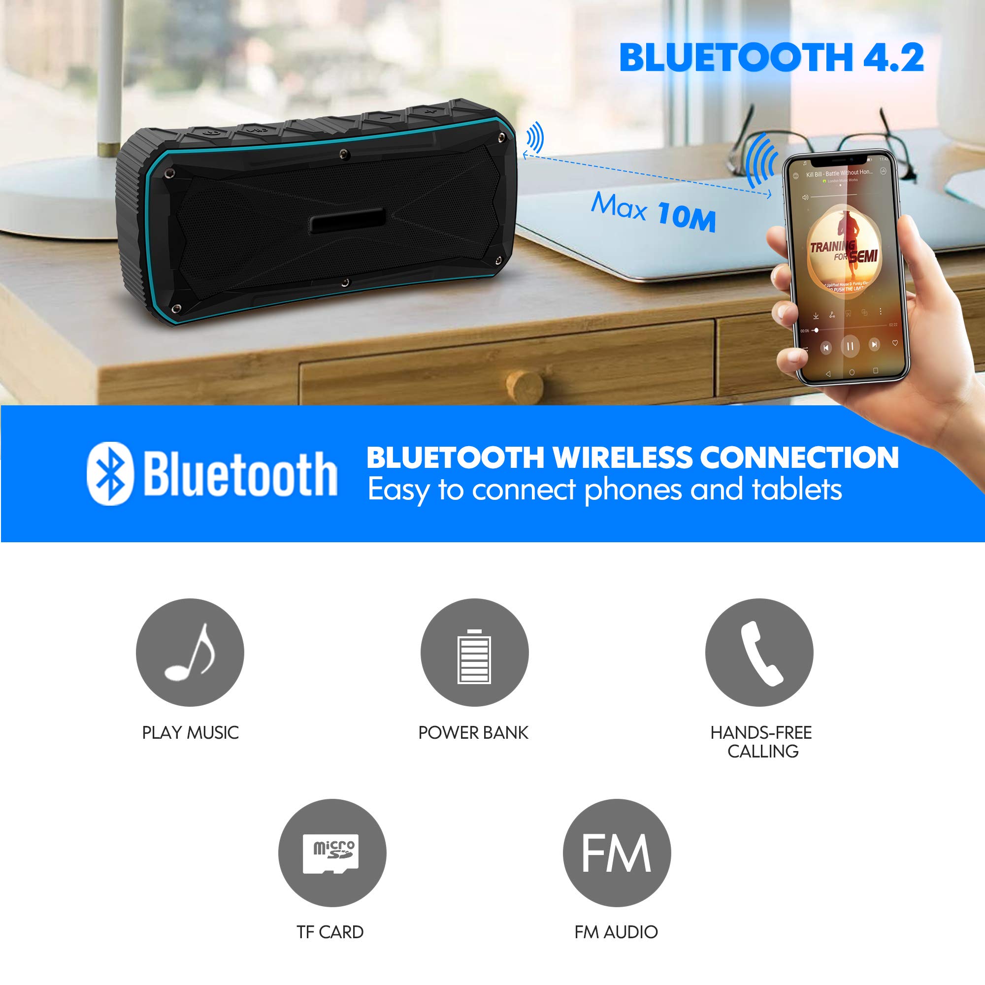 Portable Bluetooth Speaker Waterproof IP67,20W Stereo Pairing,12H Playtime Enhanced Bass Wireless Outdoor Speakers with Built-in Mic and Power Bank for Party,Travel,Camping,Beach,Shower (Blue)