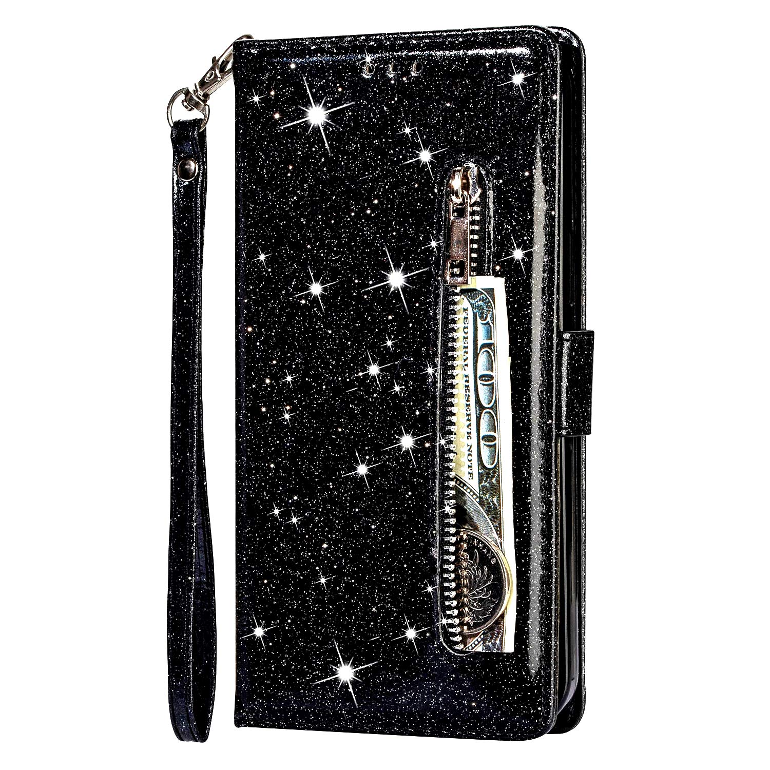 Samsung Galaxy A12 / M12 Case Zipper Pocket Glitter Bling Flip Shockproof Leather Folio Wallet Case with Stand Silicone Bumper Protector Cover for Samsung A12 / M12 Phone Case Girls Women, Black — image 1