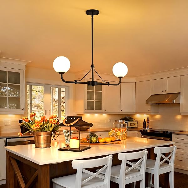 KLGXNRD 2 LIGHTS BLACK LINEAR CHANDELIER, MID CENTURY MODERN KITCHEN ISLAND LIGHTING, DINING ROOM LIGHT FIXTURES OVER TABLE HANGING, MILK WHITE GLOBE GLASS SHADE