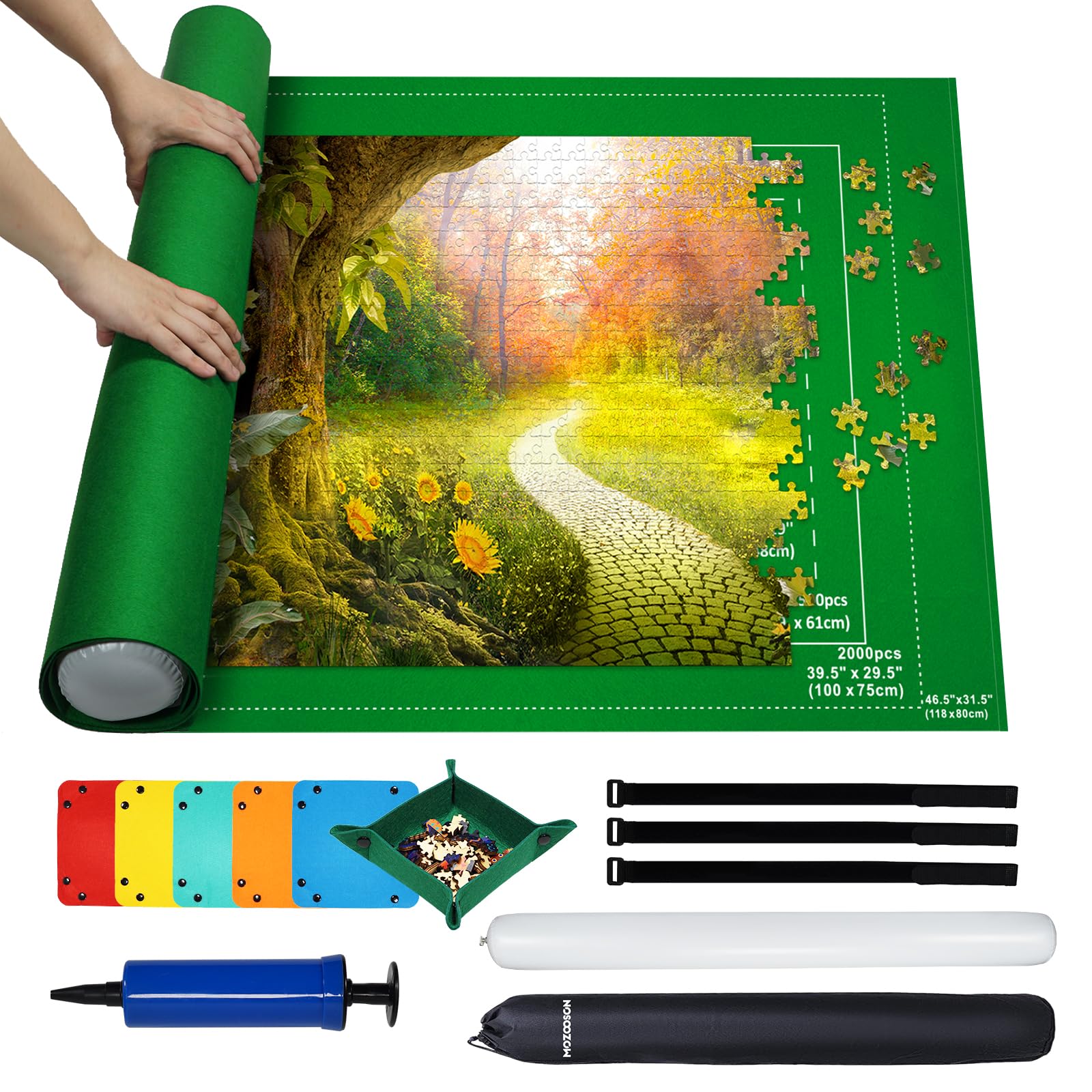 MOZOOSON Jigsaw Mat - Jigsaw Puzzle Storage Mat for up to 1000 1500 2000 Pieces, Felt Roller with 6 Puzzle Sorters, Travel Bag for Adults and Children