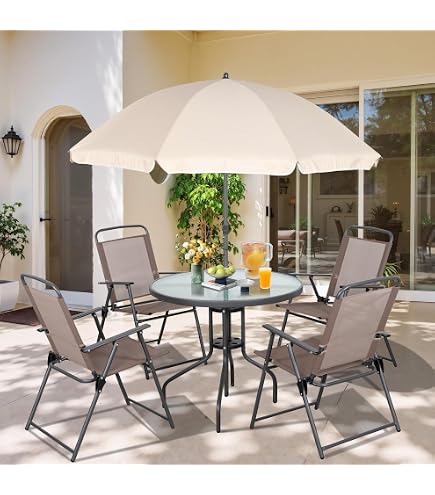 5 foot patio umbrella for a small 4 seater table Patiomore 5-Piece Dining Set with Umbrella,4 Person Outdoor and Chairs Set, Metal Dining Chairs and Square Outdoor Table with 1.57