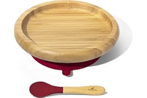 Avanchy Classic Baby Plates Non Divided Bamboo with Suction for Babies Kids Toddler Food with Silicone Spoon for Feeding, Magenta