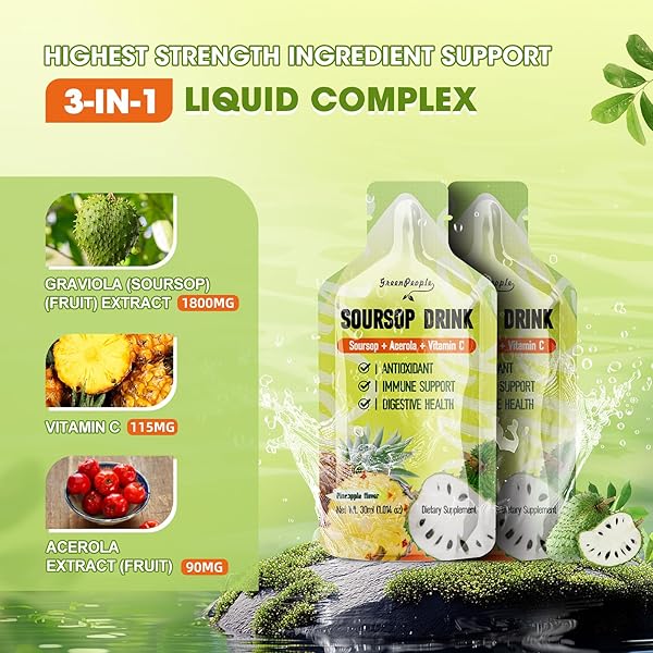 GREENPEOPLE SOURSOP & ACEROLA LIQUID SUPPLEMENT DRINK,SOURSOP BITTERS LIQUID,IMMUNE BOOSTING VITAMIN C DRINK,FAST ABSORPTION,VEGAN,NON-GMO,10 PACKETS